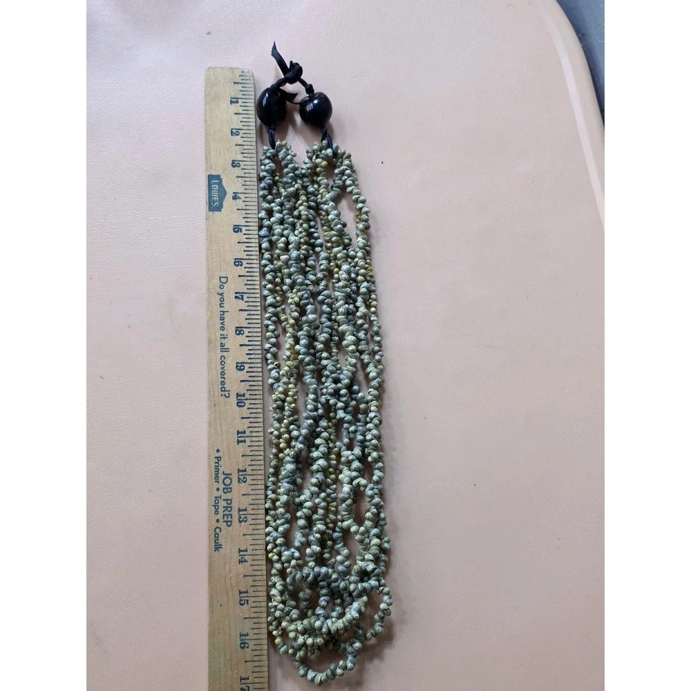 Multi Strand 6 Mini Mongo Shell Necklace Black Seed‎ Bead Accent Olive Green